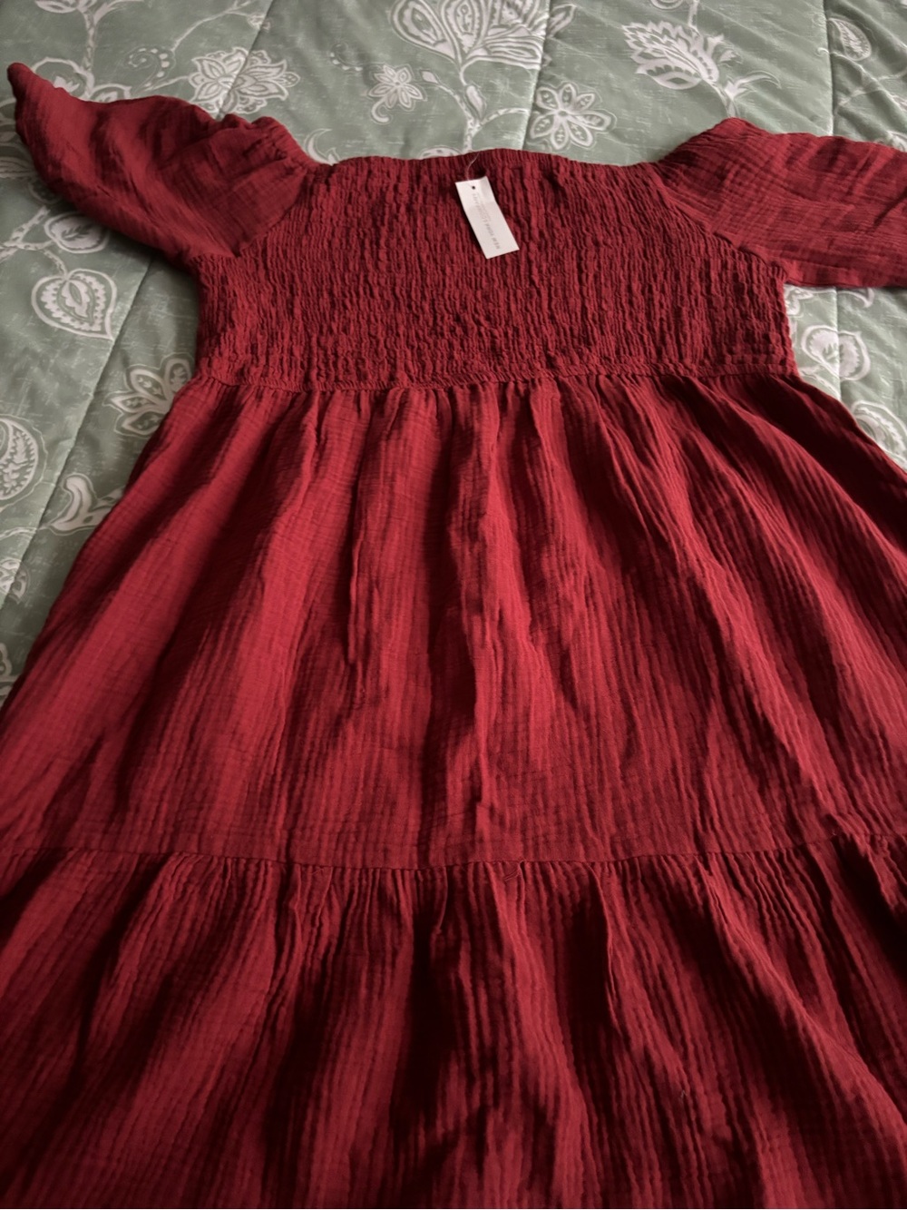 Women New York & Company Wine Red Smocked Tiered Short Sleeve flowy dress